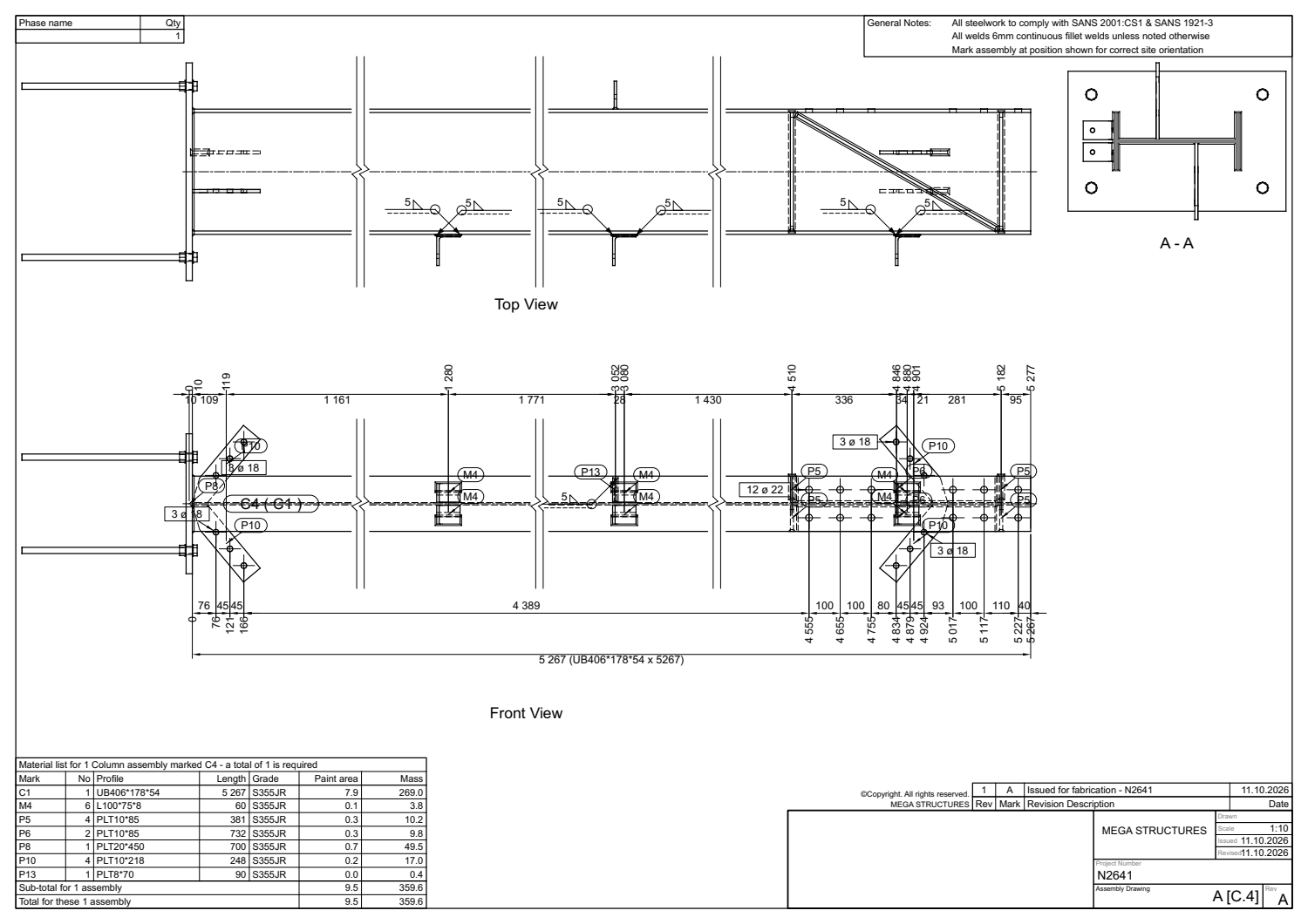 A steel assembly drawing of a column