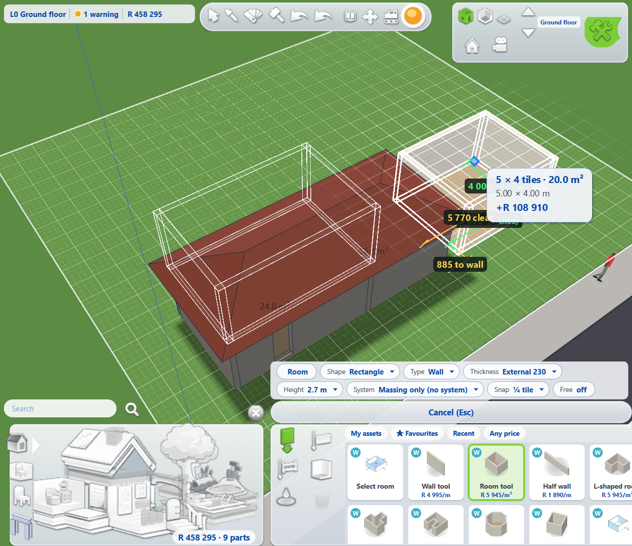 A room being dragged out in Build mode, priced as it grows, with the tool palette below