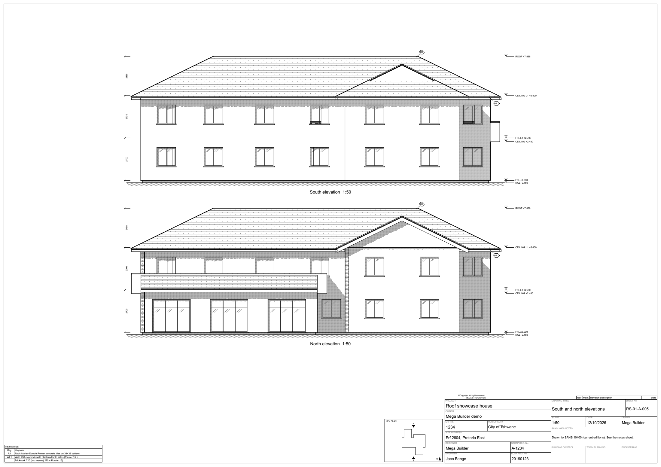 South and north elevations of a house at 1:50, from the council set
