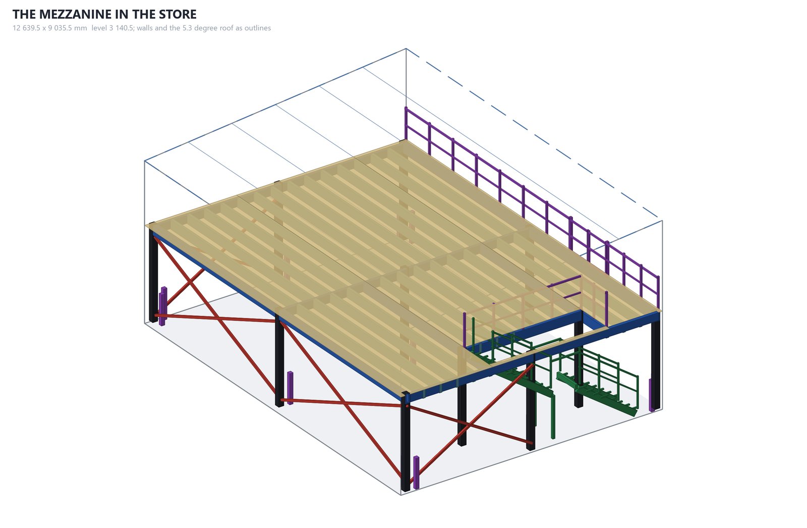 A mezzanine floor: columns, beams, joists, deck, balustrade and stair