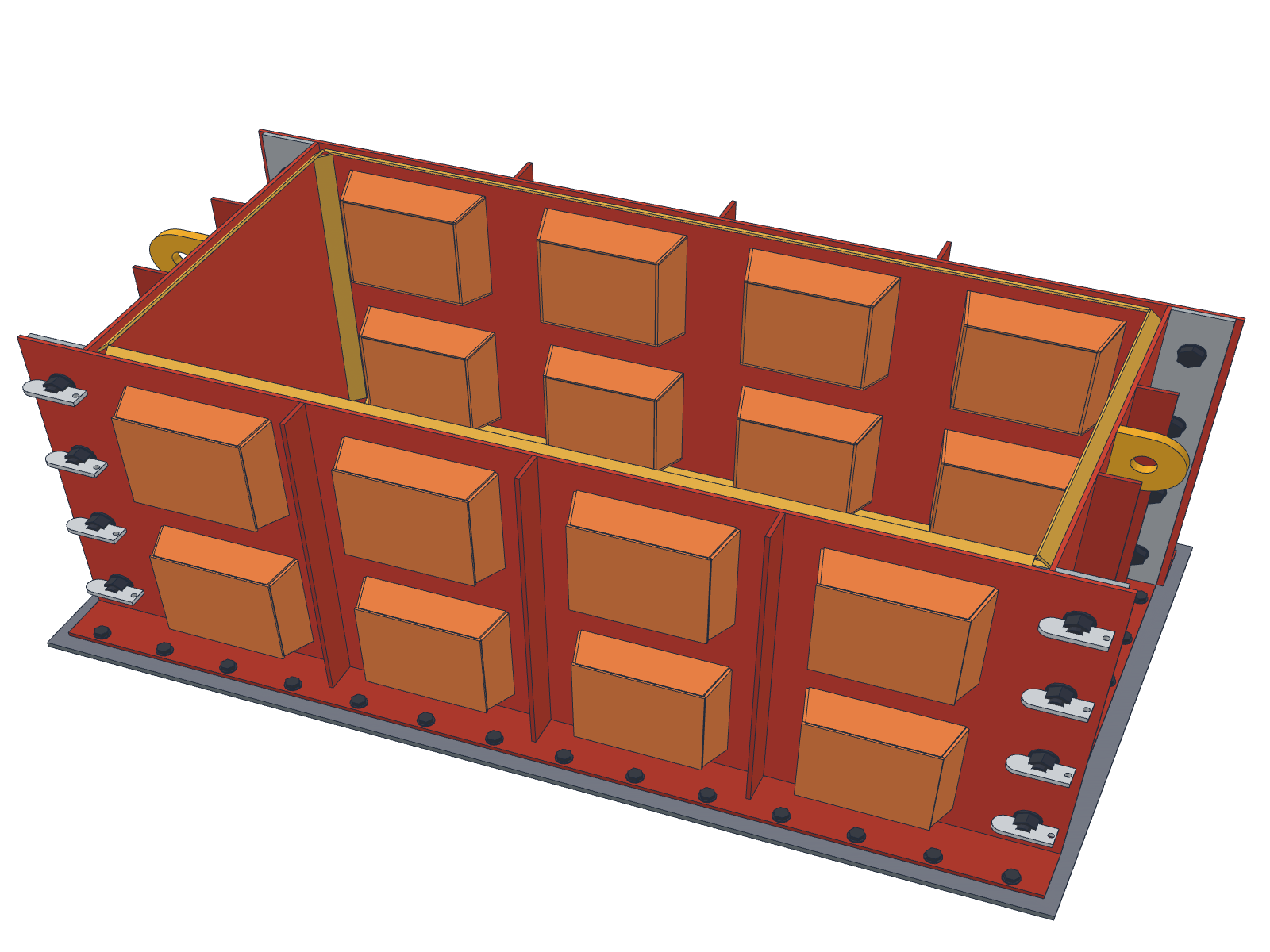 A steel block mould modelled part by part, with stiffeners, lifting lugs and bolts