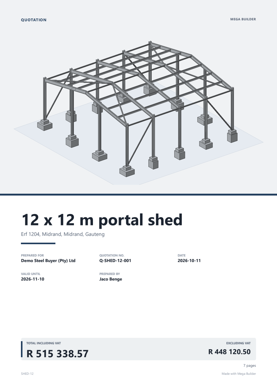 The cover page of a client quotation with the model, the totals and the payment terms