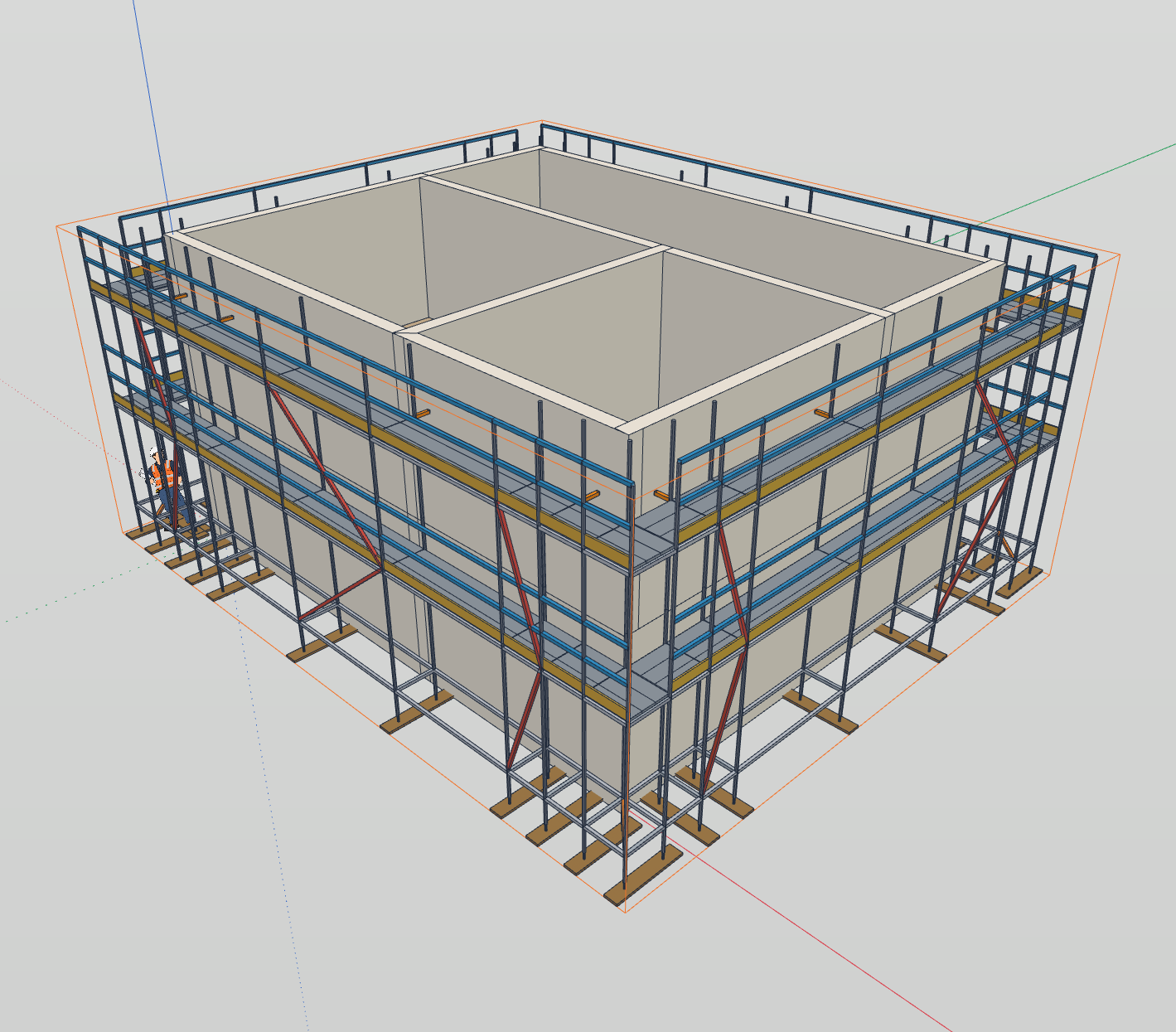 A house wrapped in a system scaffold with lifts, boards, guard rails, braces and ties