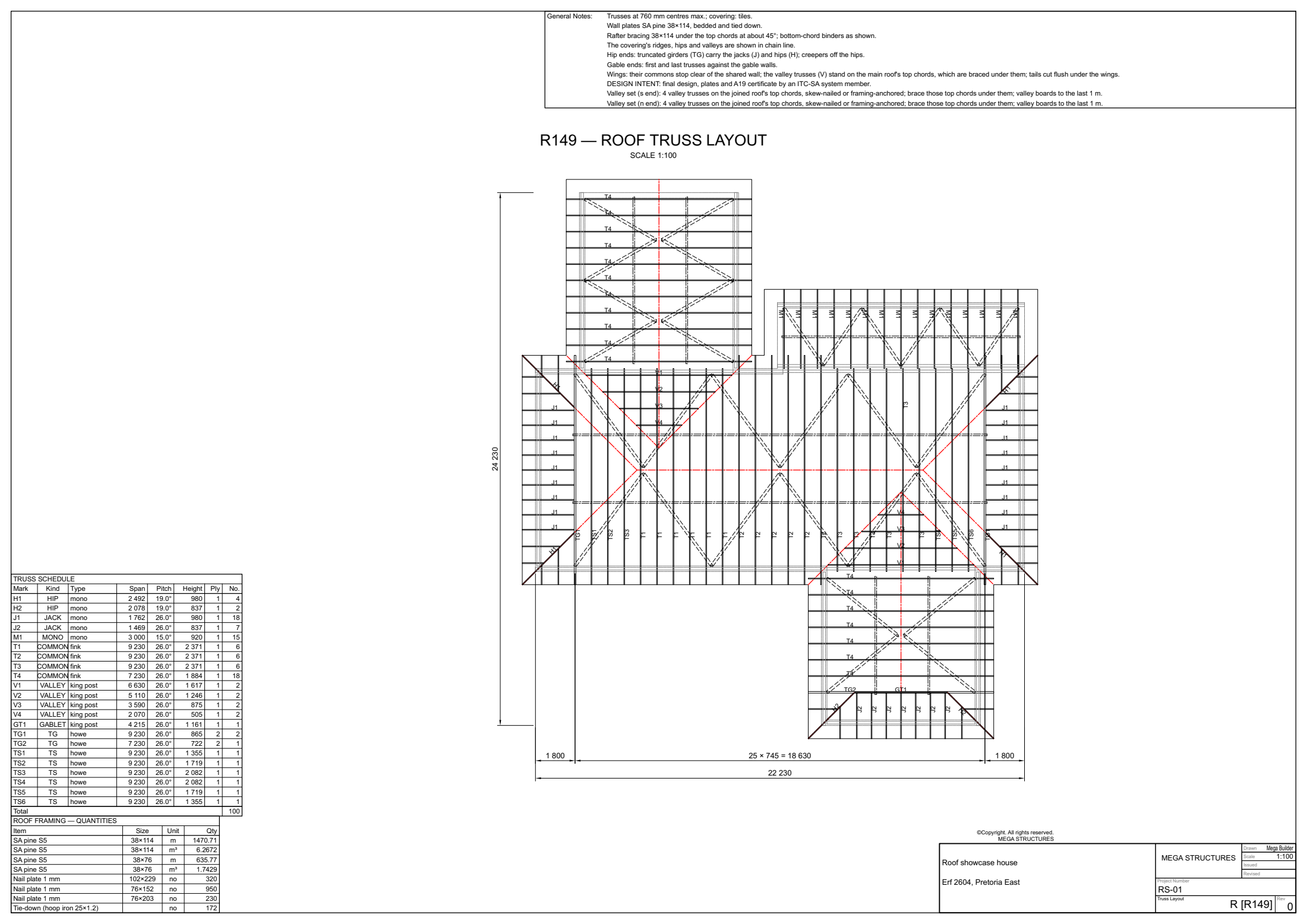 A roof truss layout sheet: roof plan with every truss mark, spacings, the schedule and the notes