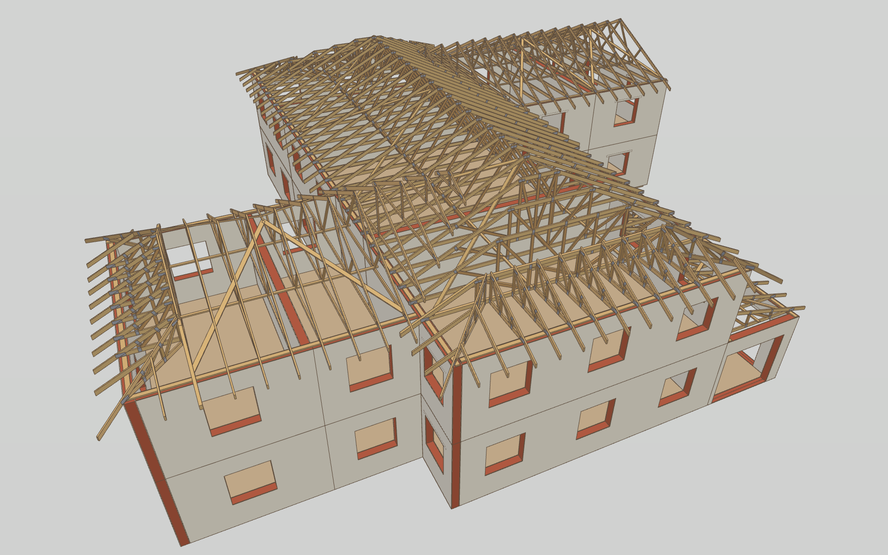 A house with its roof covering removed, showing every truss