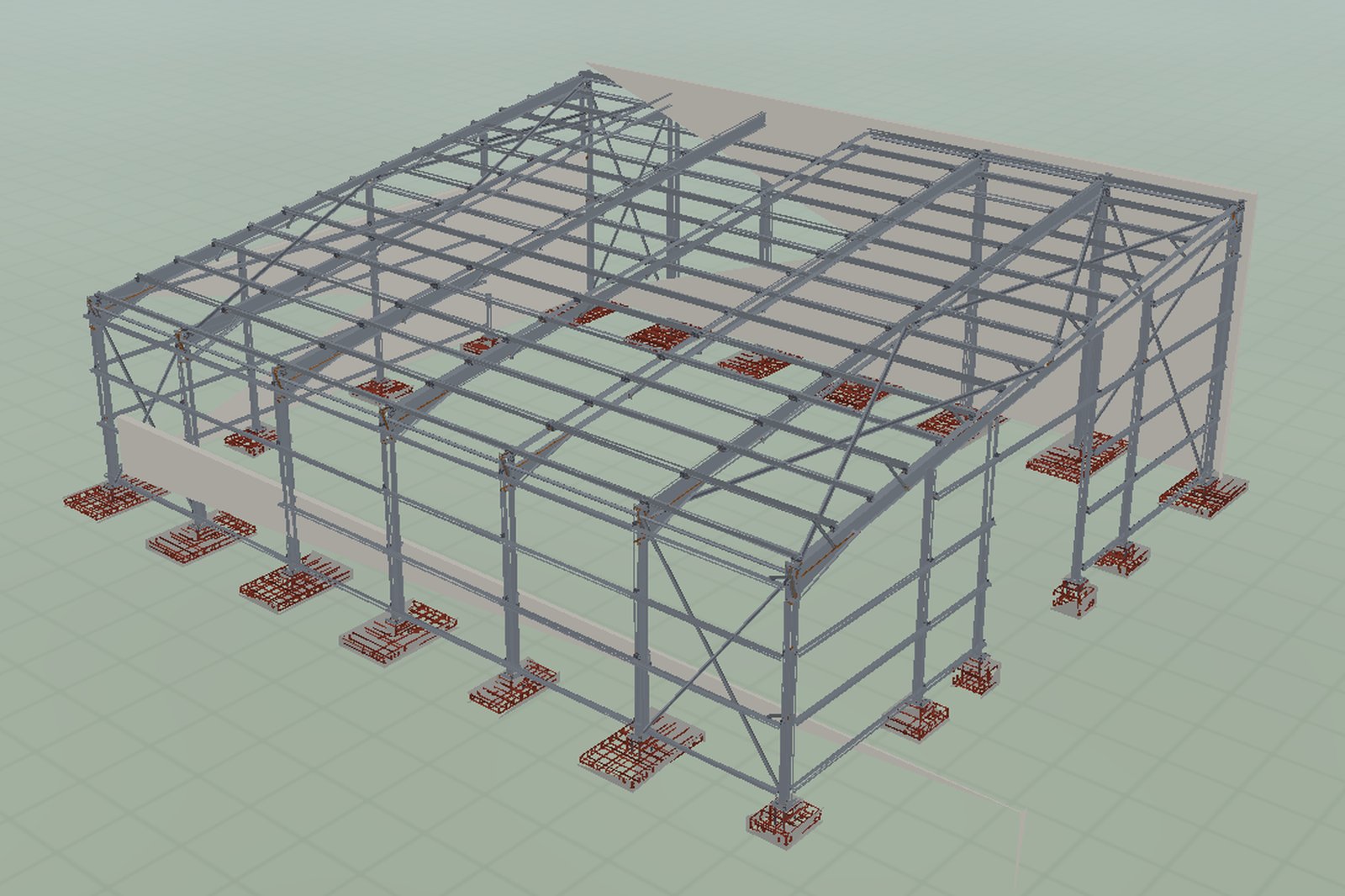 A portal-frame warehouse skeleton with purlins, girts, bracing and footings